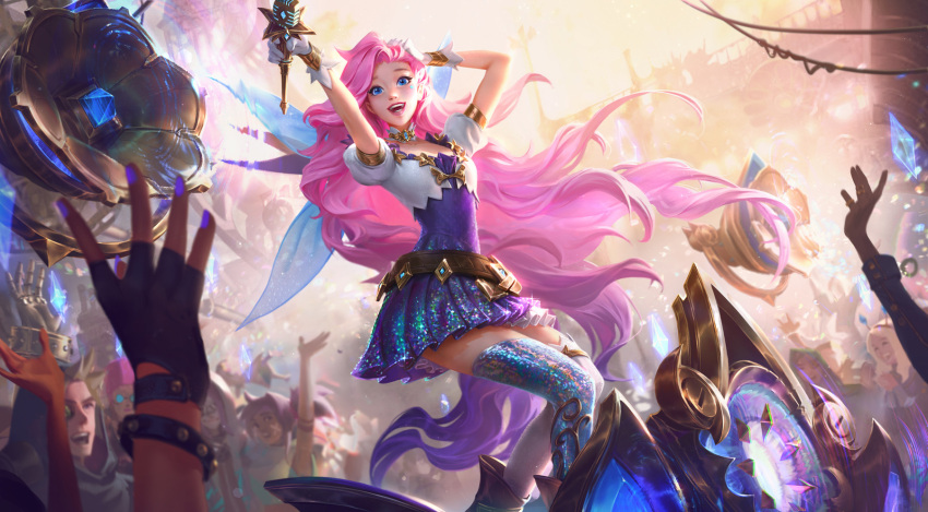 1girl, belt, black_gloves, blue_eyes, boots, dress, fingerless_gloves, fingernails, gloves, happy, highres, holding, izaskun, league_of_legends, lips, long_hair, looking_at_another, looking_at_viewer, outdoors, people, pink_hair, puffy_short_sleeves, puffy_sleeves, seraphine_(league_of_legends), short_dress, short_sleeves, smile, solo_focus, tagme, very_long_hair, white_gloves