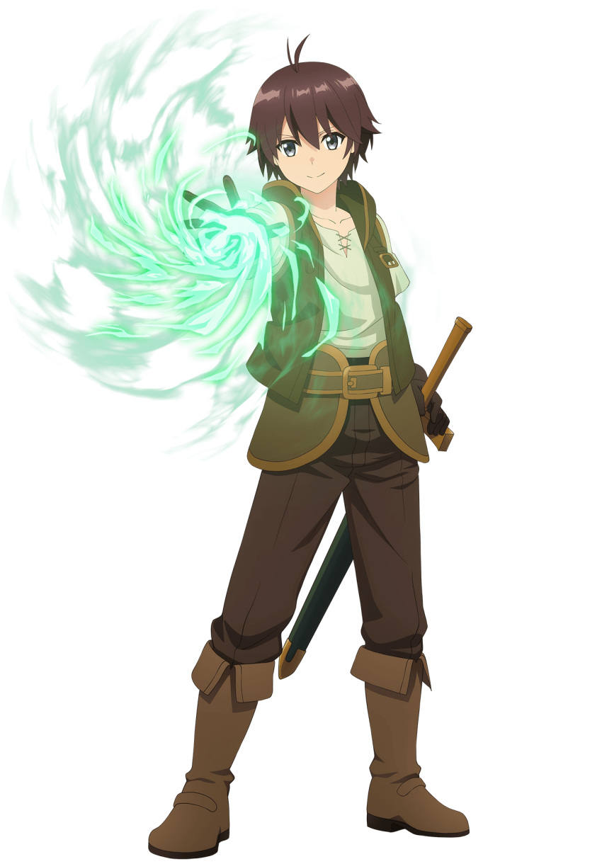 1boy, black_eyes, boots, brown_hair, highres, noir_(ore_dake_haireru_kakushi_dungeon), official_art, ore_dake_haireru_kakushi_dungeon