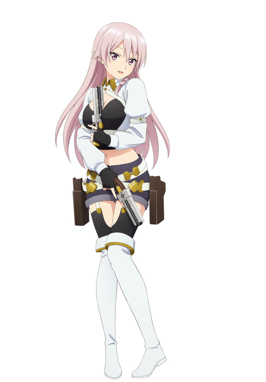 1girl, artist_request, belt, black_gloves, black_legwear, blush, boots, braid