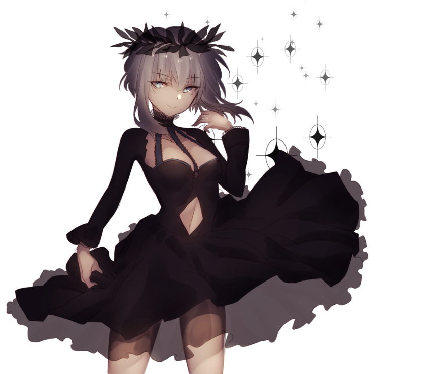 1girl, am_isuel, black_dress, blue_eyes, clothing_cutout, dress, laurel_crown, long_sleeves, navel, navel_cutout, rance_(series), short_hair, short_hair_with_long_locks, sidelocks, sideways_glance, silver_hair, simple_background, smile, solo, sparkle, white_background, yononaka