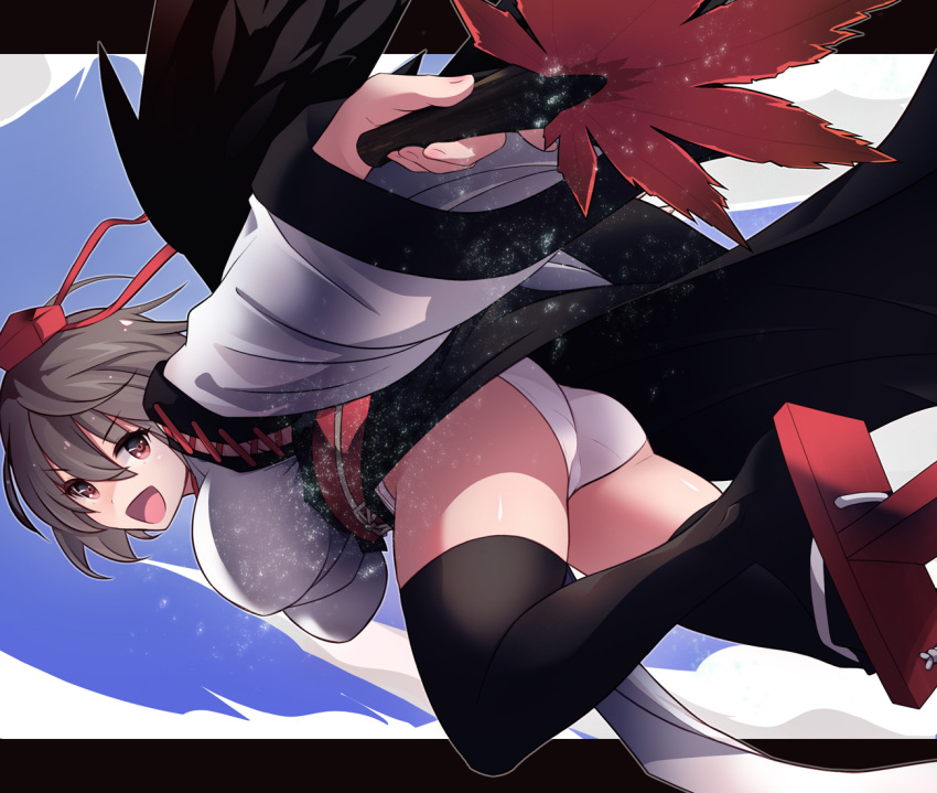 1girl, :d, ass, bird_wings, black_hair, black_legwear, black_wings, blue_background