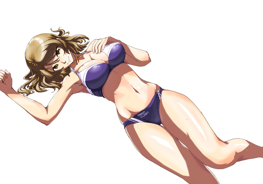 1girl, absurdres, bikini, breasts, brown_eyes, clothes_writing, commentary_request, highres