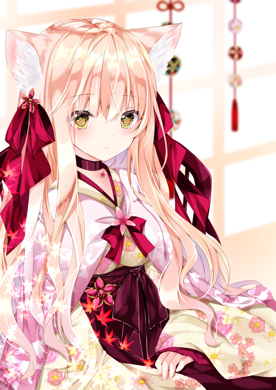 1girl, animal_ear_fluff, animal_ears, bangs, blurry, blurry_background, blush, bow