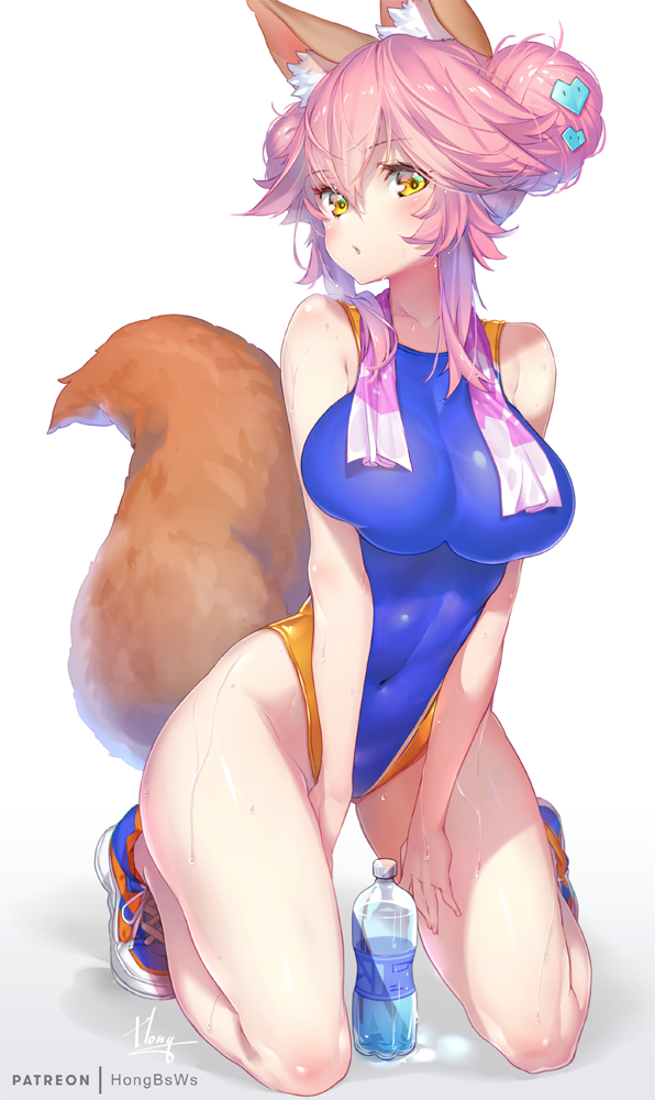 1girl, animal_ear_fluff, animal_ears, blue_footwear, blue_swimsuit, blush, bottle, breasts, commentary_request, competition_swimsuit, covered_navel, double_bun, fate_(series), fox_ears, fox_girl, fox_tail, full_body, hair_bun, hair_ornament, hong_(white_spider), large_breasts, long_hair, looking_at_viewer, one-piece_swimsuit, pink_hair, pink_towel, shoes, simple_background, sneakers, solo, swimsuit, tail, tamamo_(fate)_(all), tamamo_no_mae_(fate), towel, towel_around_neck, water_bottle, wet, white_background, yellow_eyes