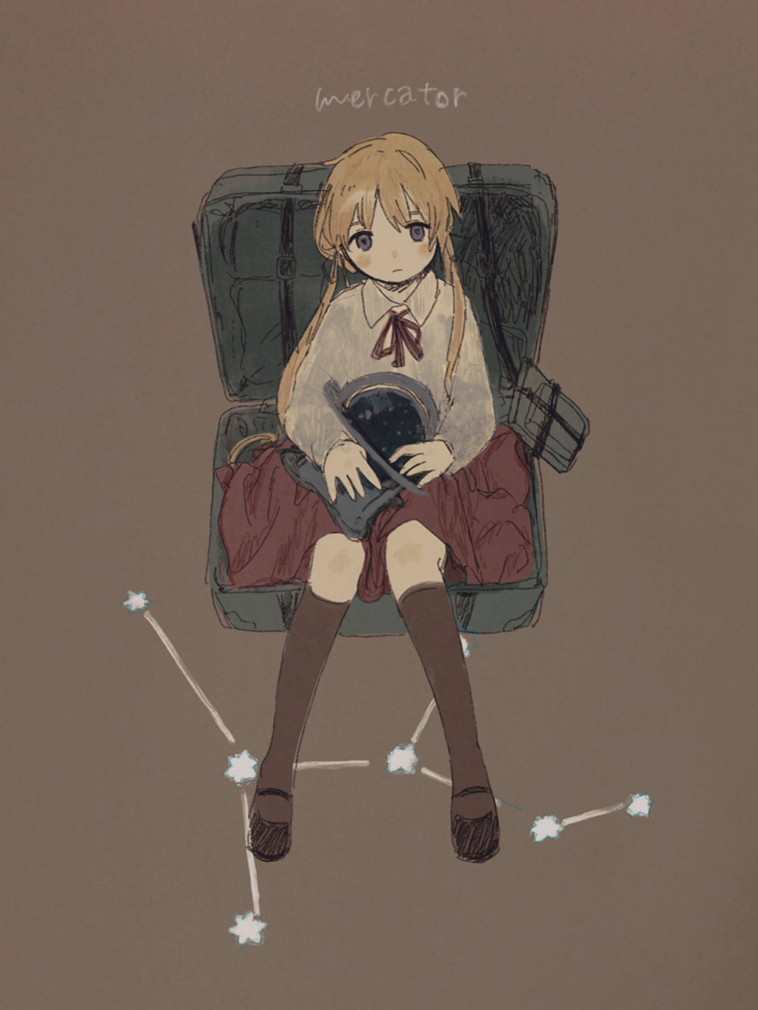 1girl, bag, blonde_hair, blue_eyes, brown_background, brown_legwear, chisato_charme, collar, highres, kneehighs, long_sleeves, neck_ribbon, original, red_neckwear, red_ribbon, red_skirt, ribbon, shirt, simple_background, sitting, skirt, solo, twintails, white_collar, white_shirt