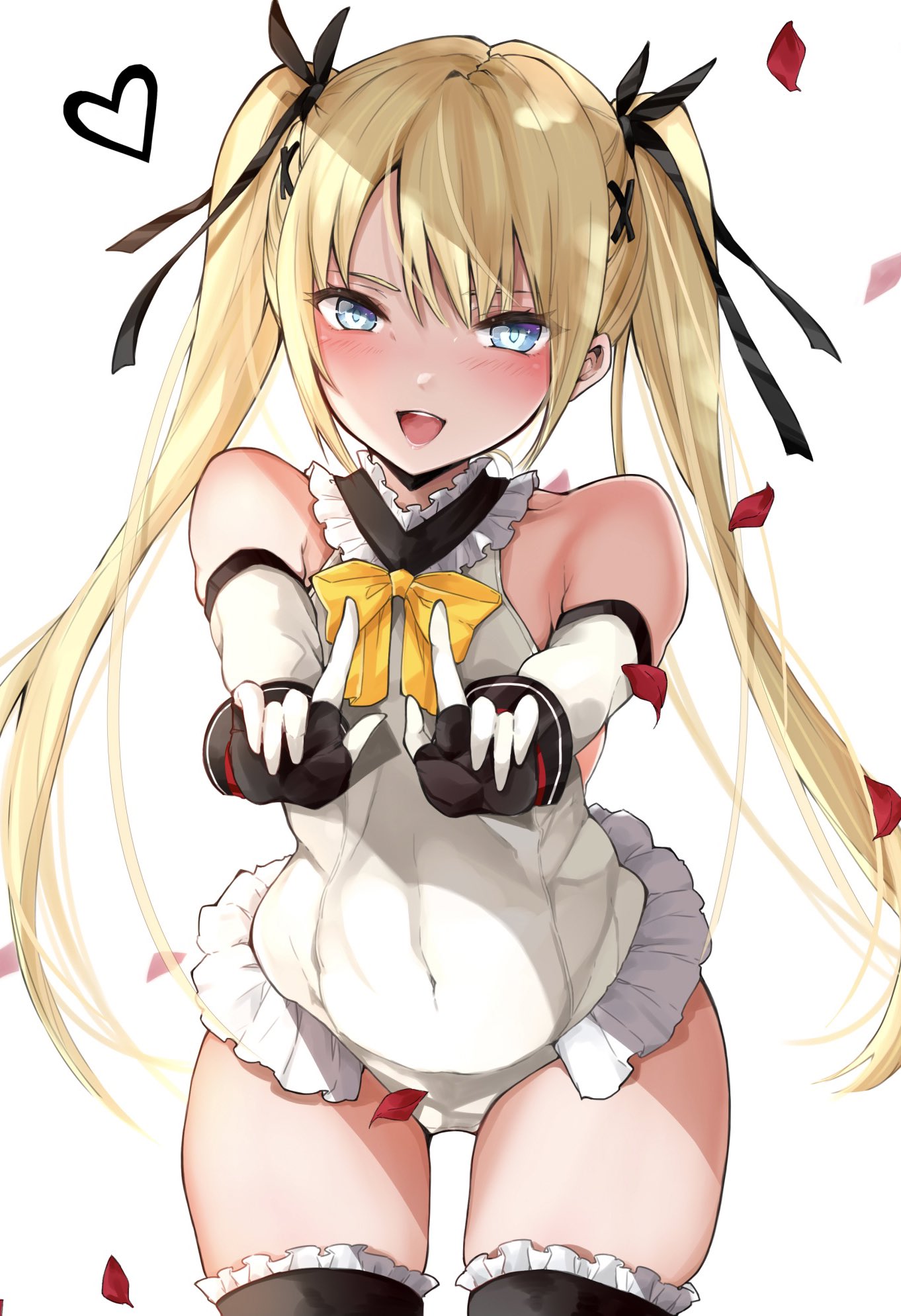 1girl, bare_shoulders, black_gloves, black_ribbon, blonde_hair, blue_eyes, chigasaki_y, commentary_request