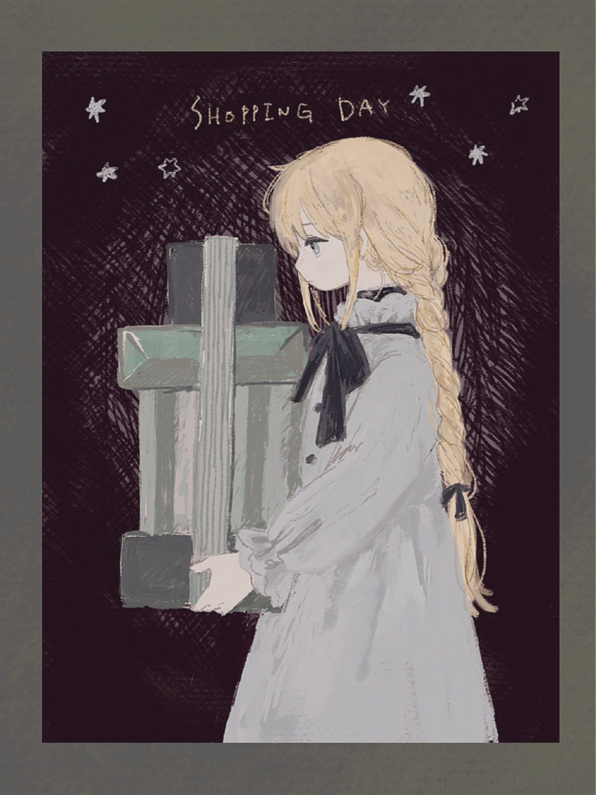 1girl, blonde_hair, blue_eyes, bow, bowtie, box, braid, chisato_charme, dress, gift, gift_box, grey_dress, hair_tie, highres, holding, holding_gift, original, simple_background, solo