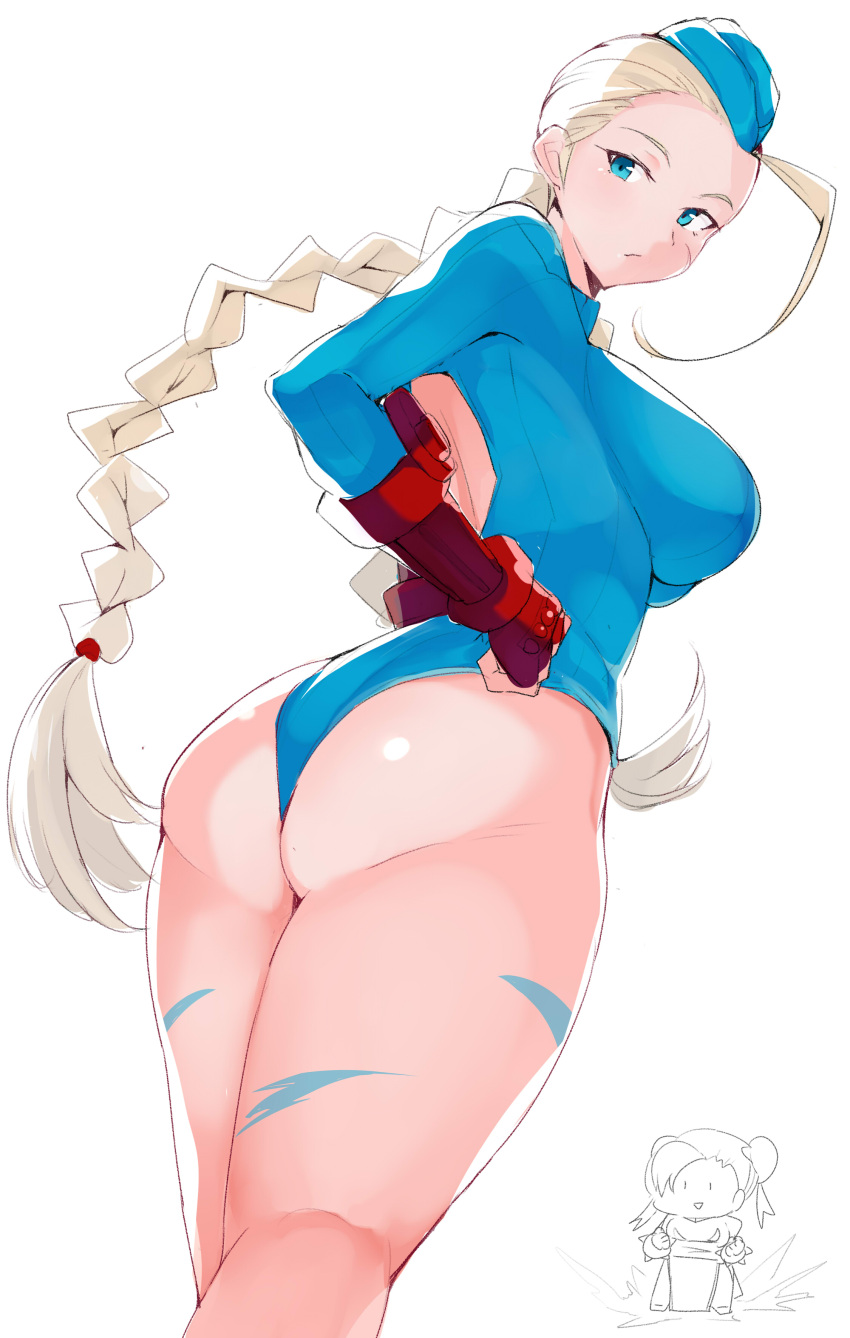 2girls, absurdres, ass, blonde_hair, blue_eyes, blue_headwear, blue_leotard, breasts