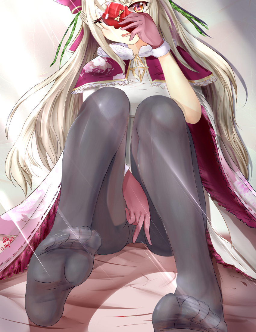 1girl, absurdres, bed, between_legs, black_legwear, blonde_hair, cape, capelet, dated, day, feet, floral_print, frilled_capelet, frills, gloves, green_ribbon, hand_between_legs, hand_up, highres, holding, holding_phone, indoors, jewelry, knees_up, legs, long_hair, loussier_ellerensia, mr_lobster, no_shoes, on_bed, pantyhose, pendant, phone, red_eyes, red_gloves, ribbon, self_shot, shironeko_project, signature, sitting, solo, sunlight