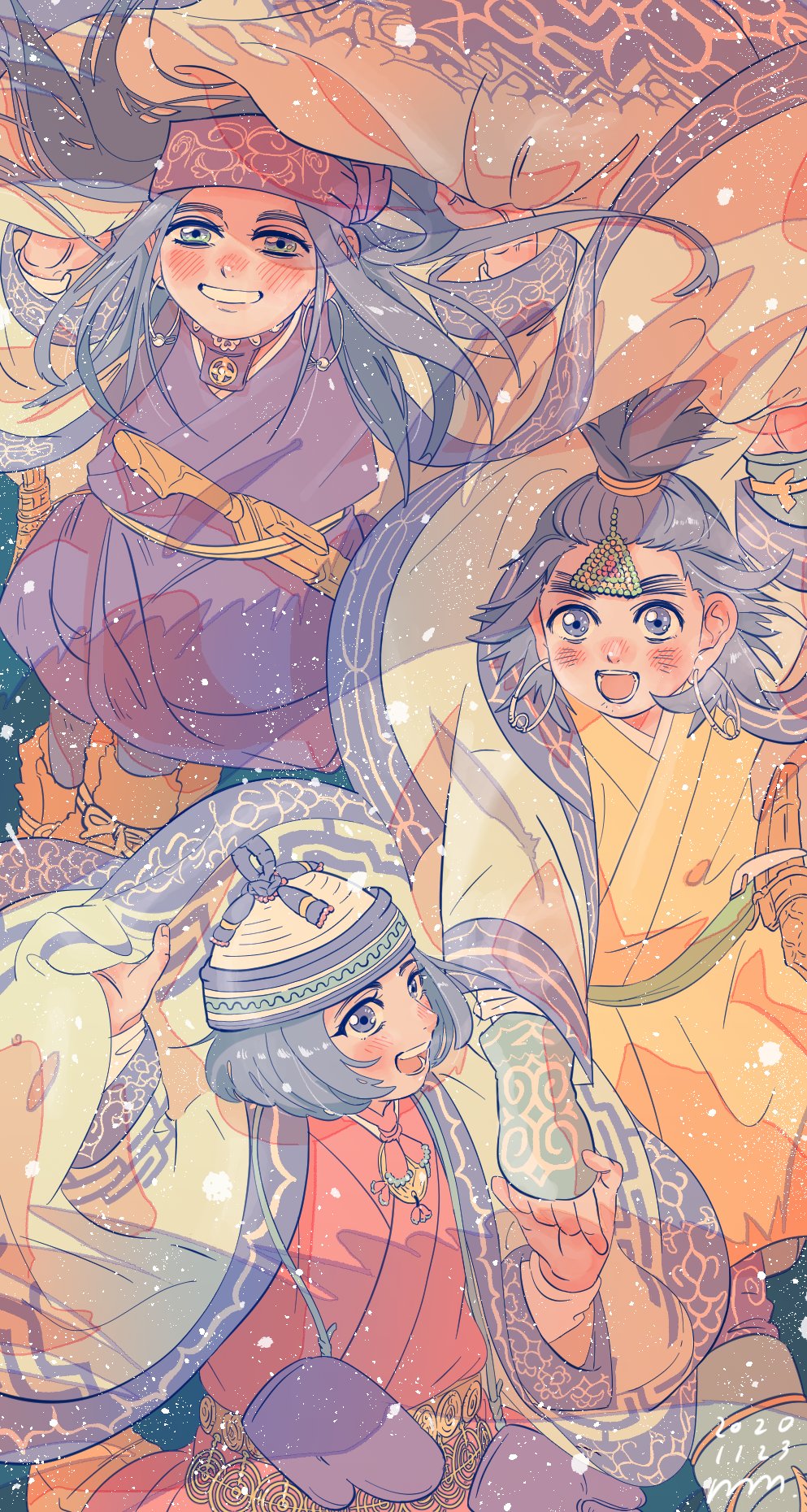 1boy, 2girls, :d, ainu_clothes, arm_up, asirpa, black_hair, blue_eyes, blush, boots, brown_footwear, child, cikapasi, earrings, enonoka, golden_kamuy, hair_ornament, hat, highres, hoop_earrings, jewelry, long_hair, memojogio, mittens, mittens_removed, multiple_girls, open_mouth, purple_headband, sheath, short_hair, smile, thick_eyebrows