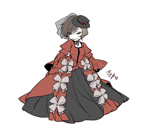 1girl, banica_conchita, bow_dress, brown_hair, choker, cross, cross_necklace, dress