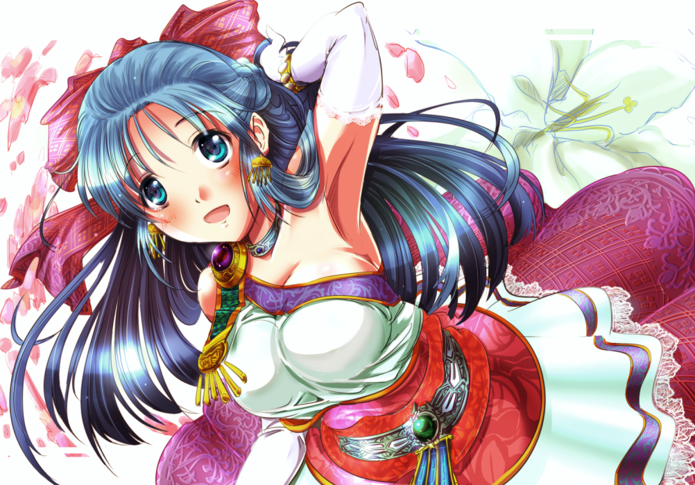 1girl, b_dome, blue_eyes, blue_hair, blush, bow, breasts, dragon_quest, dragon_quest_v, dress, earrings, elbow_gloves, flora_(dq5), flower, gloves, hair_bow, half_updo, hand_in_hair, impossible_clothes, impossible_dress, jewelry, large_breasts, long_hair, open_mouth, petals, pink_bow, smile, solo, white_gloves