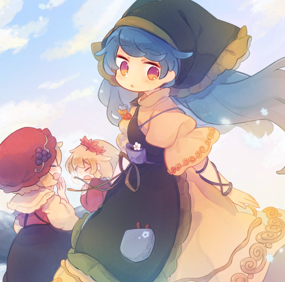 3girls, aki_minoriko, aki_shizuha, apron, ashiyu_(ashu-ashu), blonde_hair, blue_hair, blush