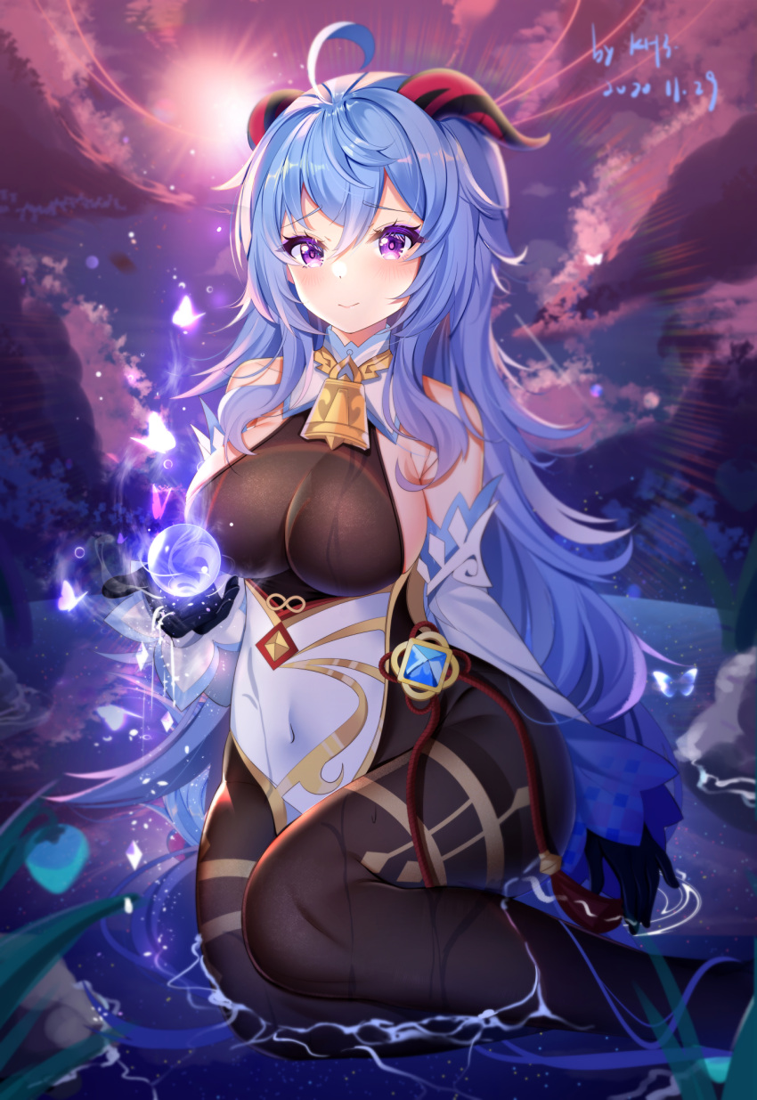 1girl, bare_shoulders, bell, black_legwear, bodysuit, breasts, clouds, cowbell, detached_sleeves, ganyu_(genshin_impact), genshin_impact, highres, horns, large_breasts, long_hair, long_sleeves, miaoguujuun_qvq, open_mouth, sideboob, sky, solo, very_long_hair, water, wet