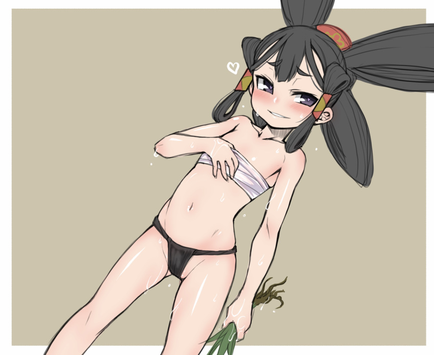 1girl, adjusting_clothes, bare_arms, bare_legs, bare_shoulders, black_eyes, black_fundoshi, black_hair, blush, border, commentary_request, eyebrows_visible_through_hair, feet_out_of_frame, flat_chest, fundoshi, hair_ornament, hair_rings, hair_tubes, heart, heart-shaped_pupils, highres, japanese_clothes, long_hair, naughty_face, navel, parted_lips, sakuna-hime, sarashi, senbei_(avocadochaya), short_eyebrows, simple_background, smile, solo, sweat, symbol-shaped_pupils, tensui_no_sakuna-hime, weeds, white_border