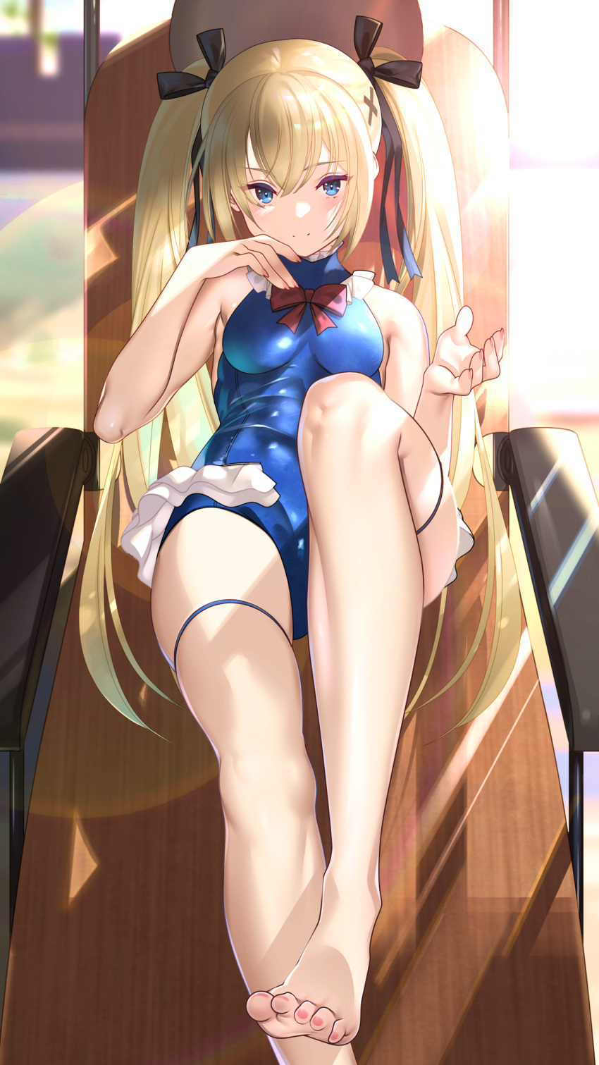 azur_lane, barefoot, beach, black_ribbon, blonde_hair, blue_leotard, blue_swimsuit, breasts