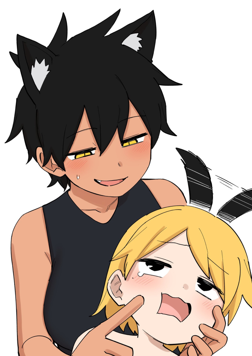 1boy, 1girl, age_difference, animal_ear_fluff, animal_ears, black_eyes, black_hair, blonde_hair, blush, breasts, cat_ears, cat_girl, cat_tail, cheek_poking, commentary, extra_ears, fang, highres, kemonomimi_mode, kurobe_natsumi_(shiromanta), large_breasts, poking, sakurai_yuuto_(shiromanta), senpai_ga_uzai_kouhai_no_hanashi, shiromanta, shirt, short_hair, sleeveless, sleeveless_shirt, sweatdrop, tail, tail_wagging, topless, yellow_eyes, you_gonna_get_raped