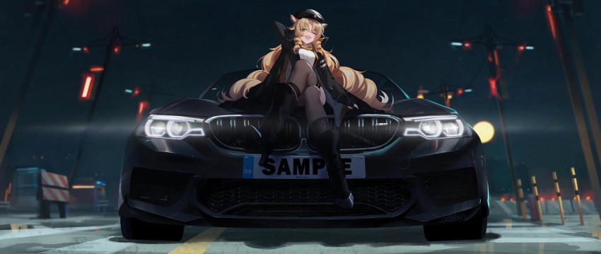 1girl, adson-(biao_di), animal_ears, arknights, arm_behind_head, arm_up, beret, black_footwear