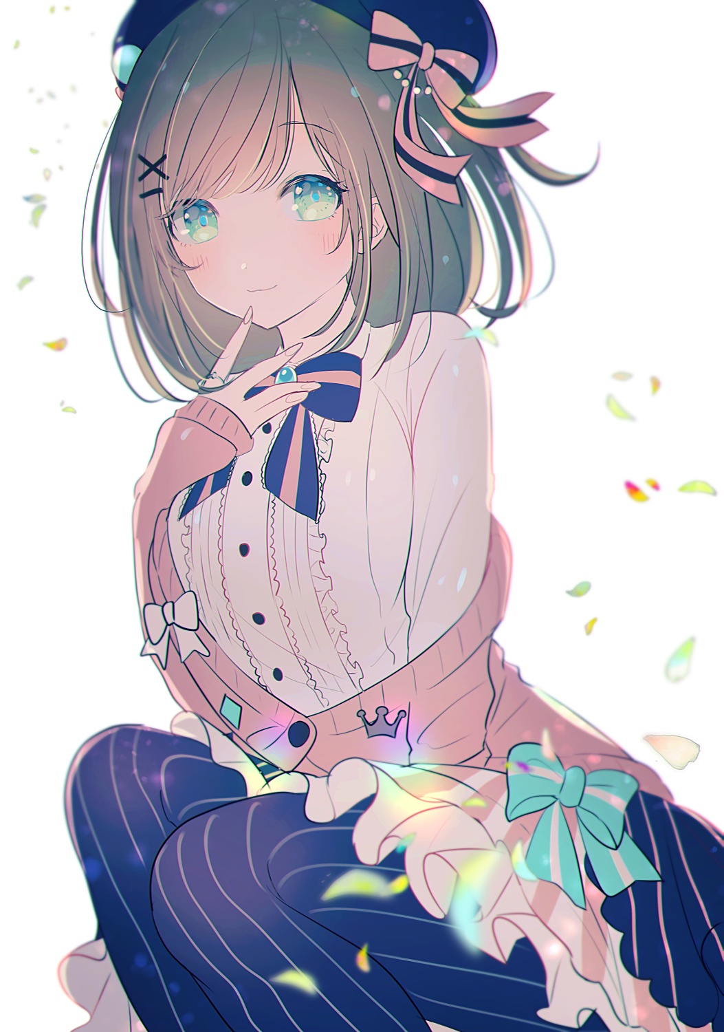 1girl, backlighting, beret, black_headwear, black_legwear, black_neckwear, blue_eyes, blush