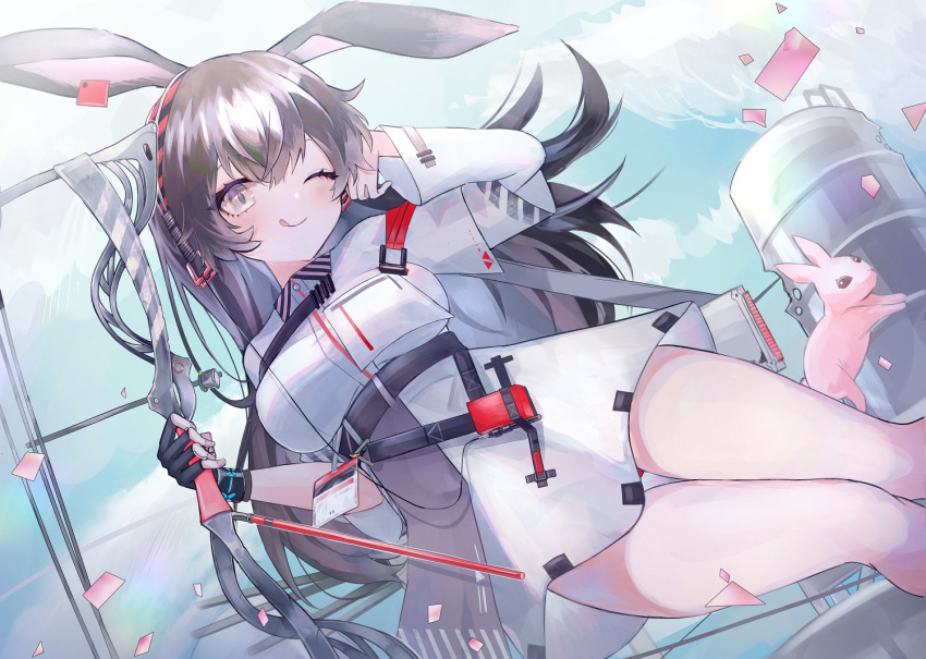 1girl, animal_ears, april_(arknights), arknights, bare_legs, belt, black_hair, blue_sky