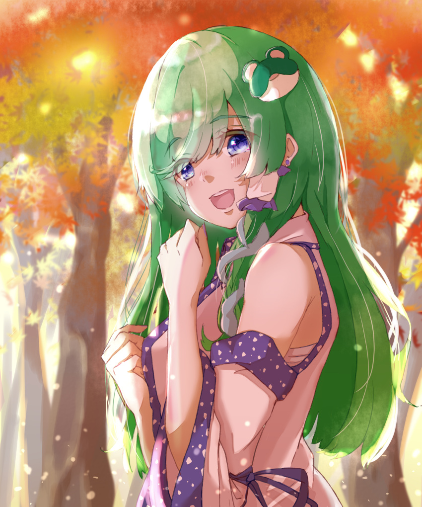 1girl, :d, absurdres, autumn, autumn_leaves, bangs, bare_shoulders, blue_eyes