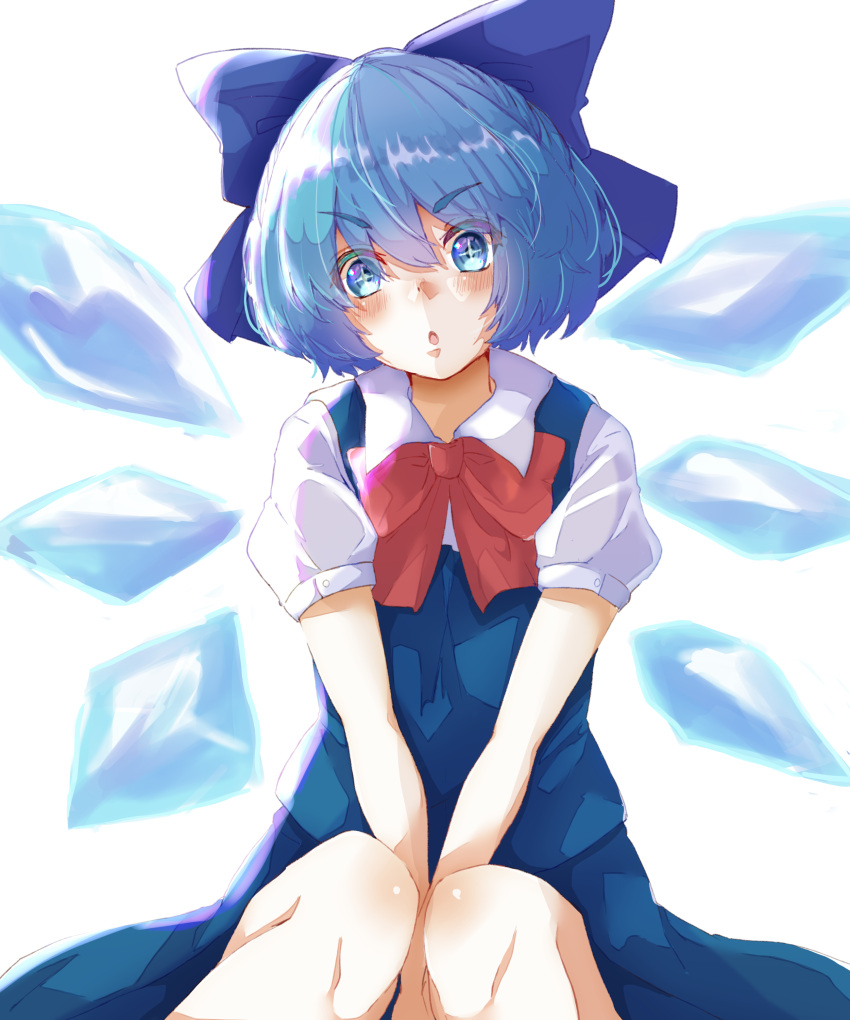 +_+, 1girl, :o, absurdres, between_legs, blue_bow, blue_dress, blue_eyes, blue_hair, bob_cut, bow, bowtie, cirno, commentary, dress, eyebrows_visible_through_hair, gumi_(fwjn7284), hair_between_eyes, hair_bow, hand_between_legs, head_tilt, highres, ice, ice_wings, knees, looking_at_viewer, open_mouth, pinafore_dress, puffy_short_sleeves, puffy_sleeves, red_bow, red_neckwear, shirt, short_hair, short_sleeves, sidelocks, simple_background, solo, sparkling_eyes, star-shaped_pupils, star_(symbol), symbol-shaped_pupils, thick_eyebrows, touhou, v-shaped_eyebrows, v_arms, white_background, white_shirt, wing_collar, wings