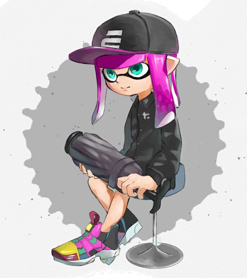 1girl, aqua_eyes, baseball_cap, black_headwear, closed_umbrella, domino_mask, grey_umbrella, hat, holding, holding_umbrella, inkling, long_hair, long_sleeves, mask, multicolored_footwear, nishikuromori, pointy_ears, purple_hair, shoes, sitting, solo, splat_brella_(splatoon), splatoon_(series), splatoon_2, stool, tentacle_hair, umbrella