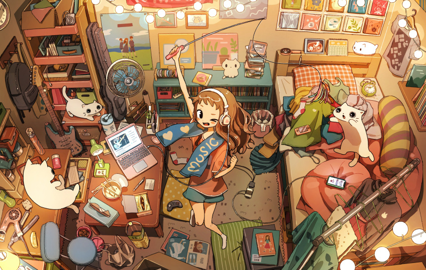 1girl, absurdres, album_cover, arm_up, bedroom, black_eyes, blue_shorts, blush_stickers