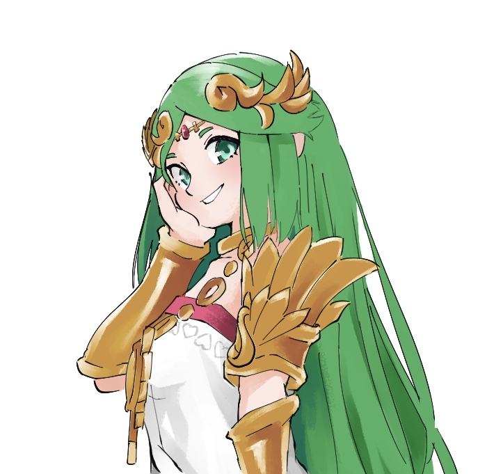 1girl, aqua_eyes, armlet, bangs, bracer, circlet, green_hair, grin