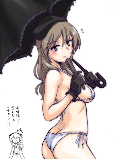 /\/\/\, 2girls, ass, beret, bikini, black_gloves, black_headwear, black_umbrella