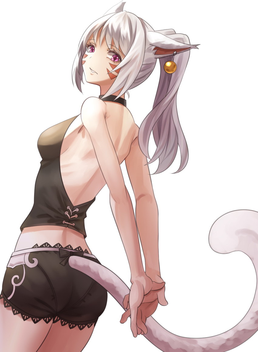 1girl, arms_behind_back, bangs, bare_back, bare_shoulders, black_shorts, breasts, cat_girl