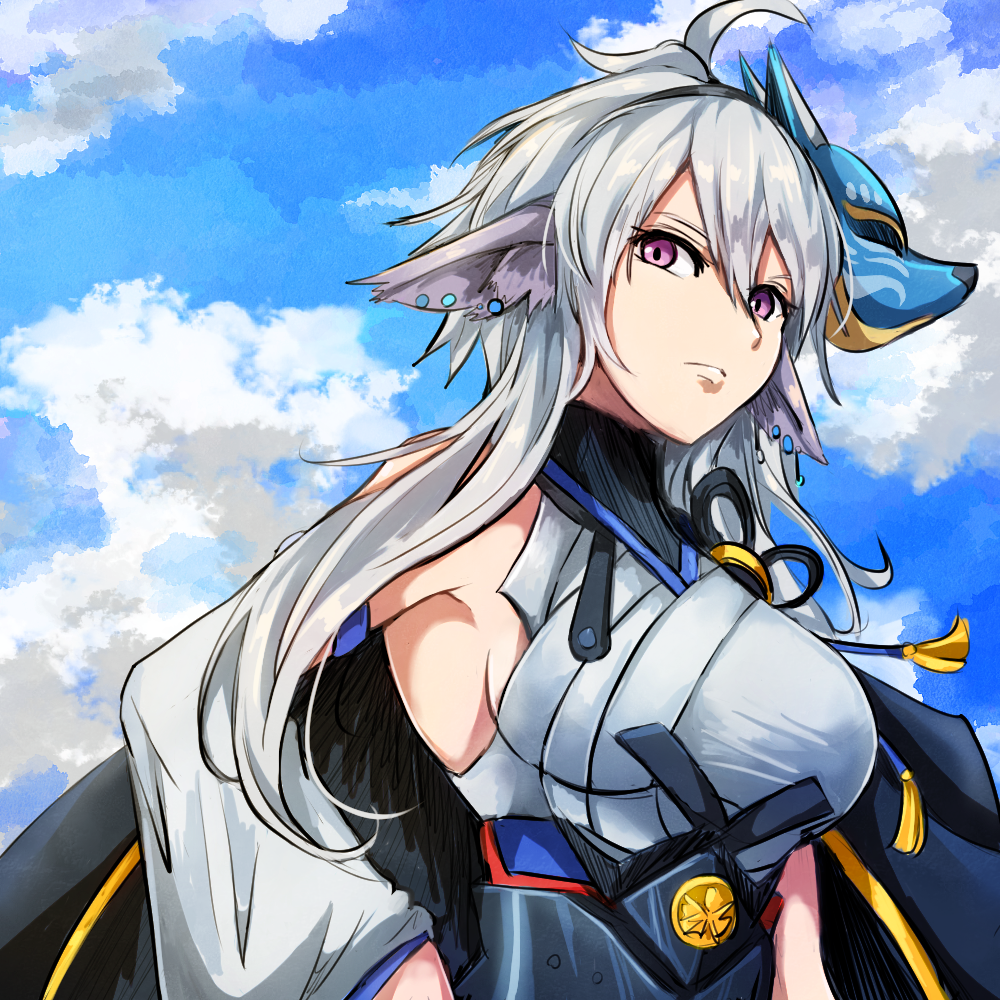 1girl, animal_ears, azur_lane, bare_shoulders, breasts, clouds, cloudy_sky, dashinoya, detached_sleeves, ear_piercing, hair_between_eyes, long_hair, mask, mask_on_head, metal_belt, piercing, silver_hair, sky, solo, tosa_(azur_lane), upper_body, violet_eyes, wide_sleeves