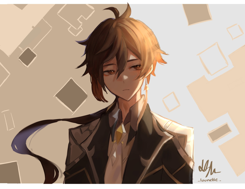 1boy, absurdres, bangs, black_hair, brown_hair, closed_mouth, collar, formal