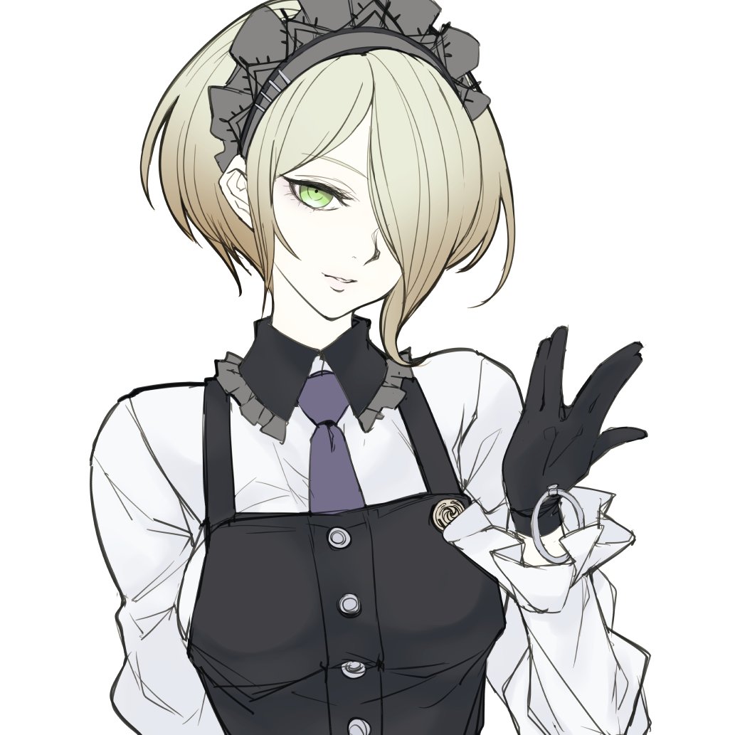 1girl, black_gloves, blonde_hair, dangan_ronpa, frills, gloves, green_eyes, hair_over_one_eye