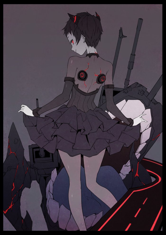 1girl, abyssal_ship, alternate_hair_length, alternate_hairstyle, back, black_hair, blue_tongue, crack
