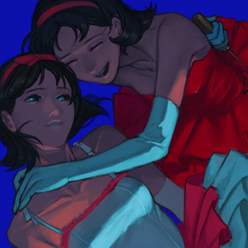 2girls, bangs, bare_shoulders, black_hair, blue_background, bow, breasts, character_request, closed_eyes, collarbone, commentary, dress, earrings, elbow_gloves, english_commentary, face, gloves, hair_bow, hairband, highres, holding, jewelry, kondate_(inugrm), medium_breasts, multiple_girls, nose, open_mouth, parted_bangs, perfect_blue, red_bow, red_dress, red_hairband, short_hair, skirt, sleeveless, smile, strapless, strapless_dress, teeth