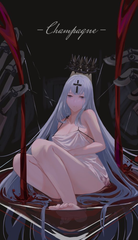 1girl, absurdly_long_hair, azur_lane, bare_shoulders, barefoot, blue_eyes, blue_hair, breasts