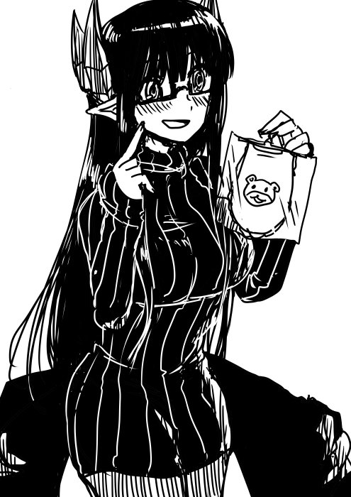 1girl, bear, bib, black-framed_eyewear, black_hair, black_sweater, black_wings, breasts