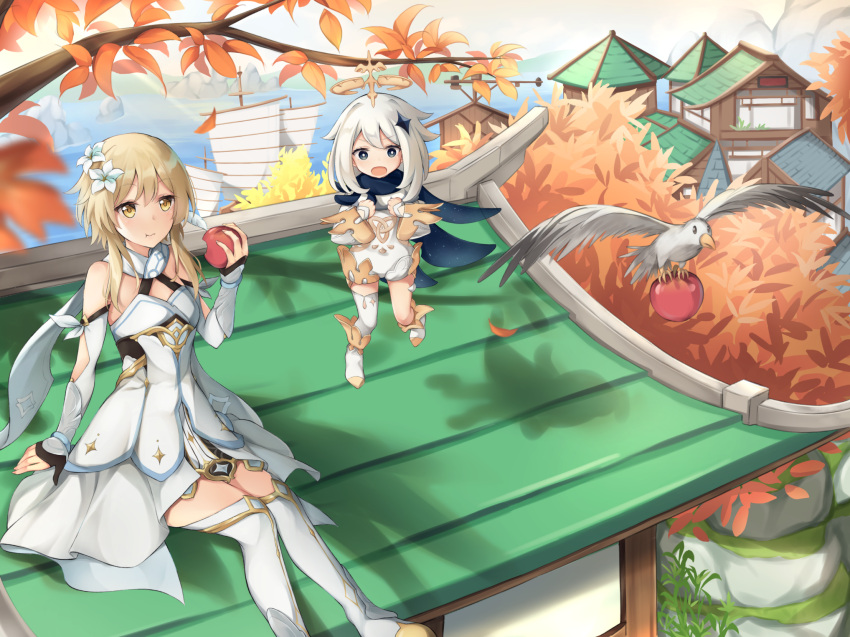 2girls, apple, asymmetrical_legwear, bare_shoulders, bird, blonde_hair, blue_eyes, branch