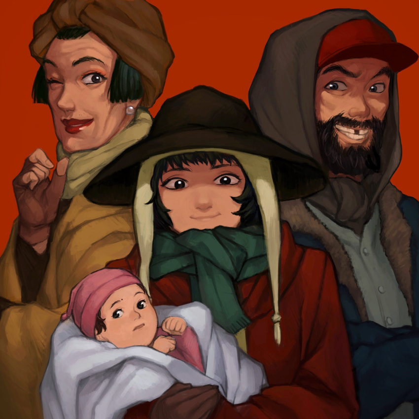 1boy, 3girls, asian, baby, baseball_cap, beard, black_eyes, black_hair