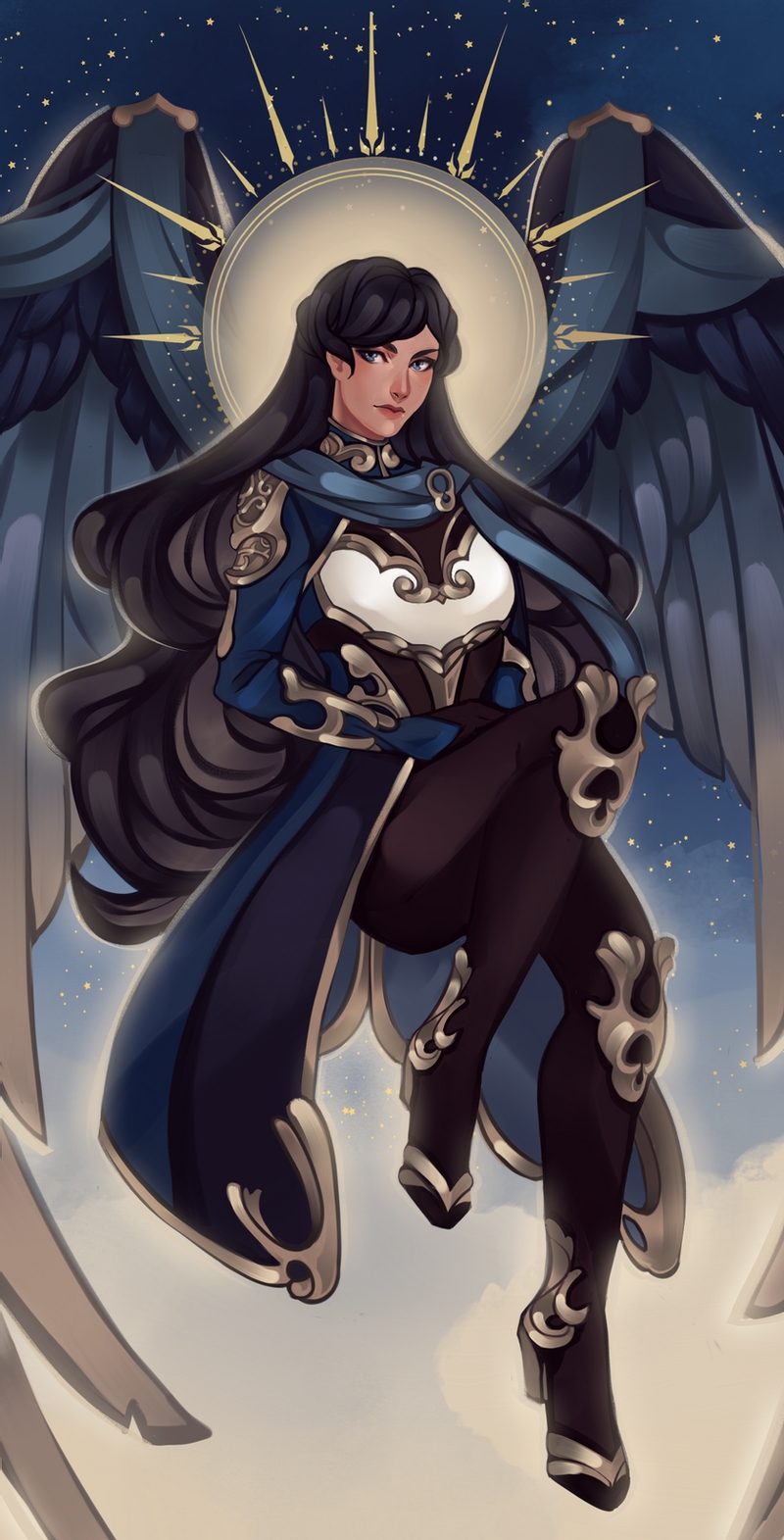 1girl, armor, bangs, black_hair, blue_eyes, blue_scarf, breastplate, cape, character_request, clouds, commentary, commission, copyright_request, english_commentary, full_body, glowing, halo, high_heels, highres, knee_up, lips, long_hair, looking_at_viewer, night, night_sky, nose, pink_lips, robasarel, scarf, shoulder_armor, sitting, sky, solo, space, star, star_(sky), starry_sky, swept_bangs, thick_eyebrows, very_long_hair, wavy_hair, wings