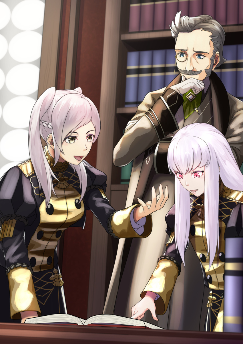1boy, 2girls, alternate_costume, book, bookshelf, fire_emblem, fire_emblem:_three_houses, fire_emblem_awakening