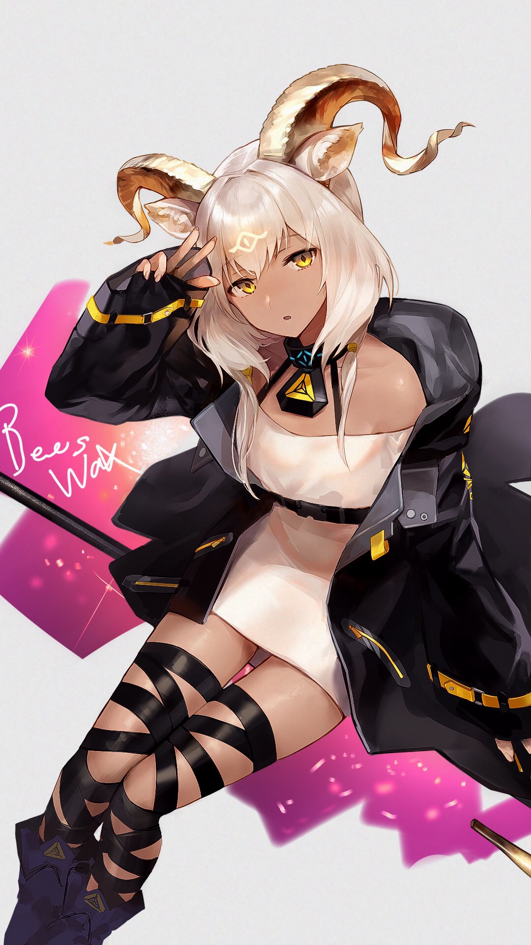 1girl, :o, animal_ears, arknights, bare_shoulders, beeswax_(arknights), black_jacket, black_ribbon