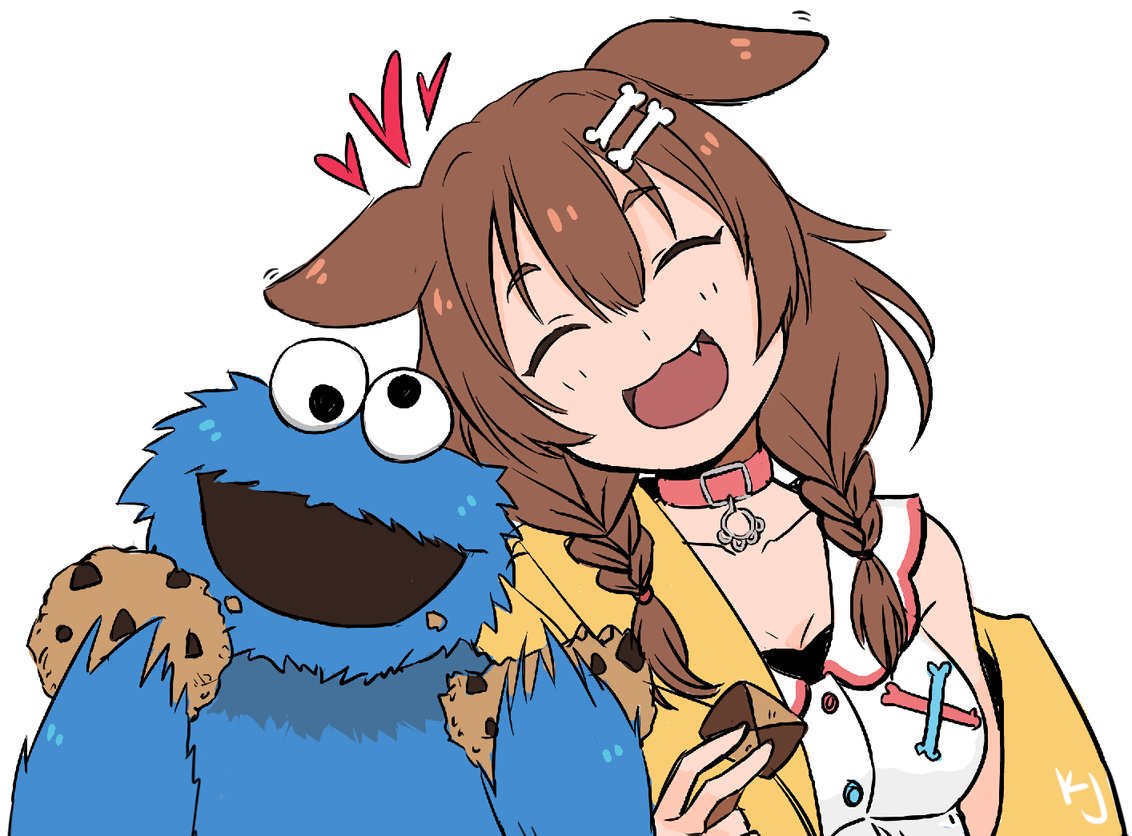 1boy, 1girl, ^_^, animal_ears, bone_hair_ornament, braid, breasts, brown_hair