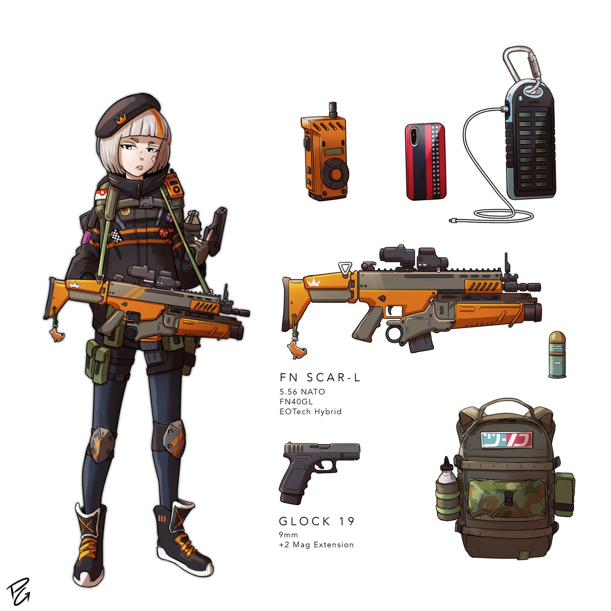1girl, assault_rifle, backpack, bag, bangs, black_jacket, blunt_bangs, english_commentary