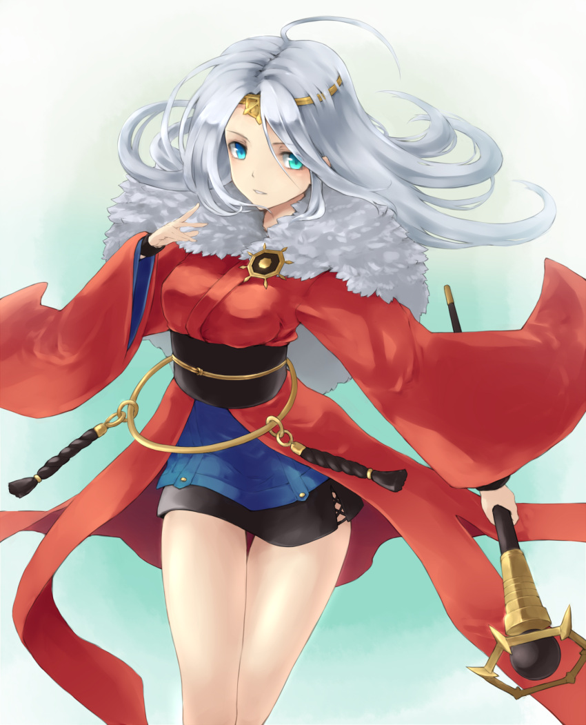 1girl, blue_eyes, bracer, circlet, cloak, duel_monster, gradient, gradient_background
