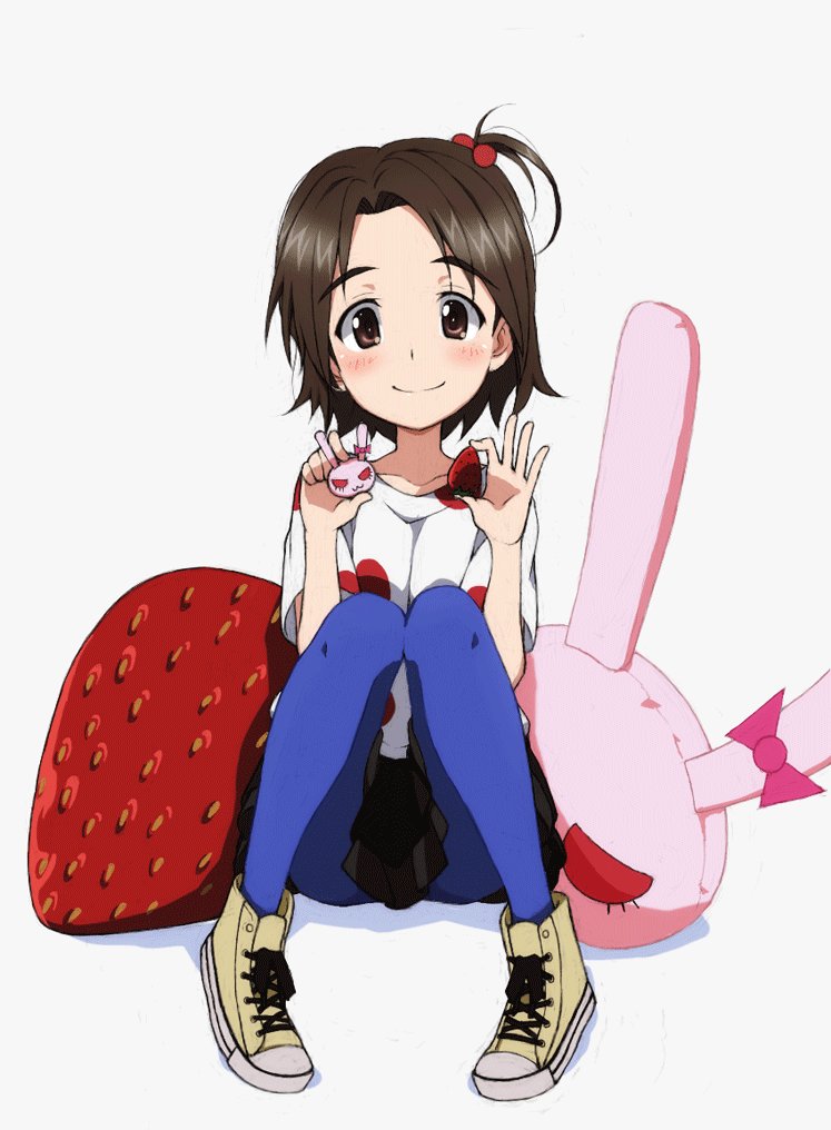 1girl, animal_pillow, bangs, black_skirt, blue_legwear, blush, brown_eyes, brown_hair