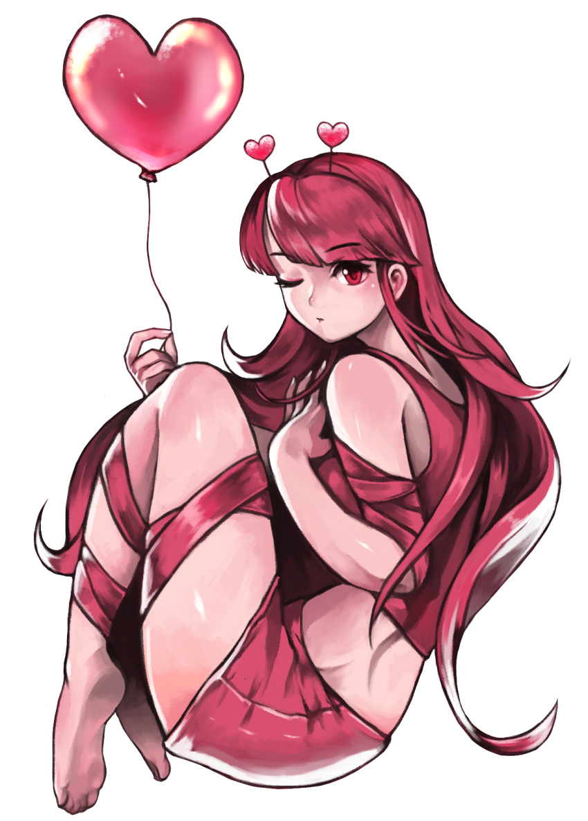 1girl, bak_bak, balloon, barefoot, english_commentary, eyebrows_visible_through_hair, hairband, heart