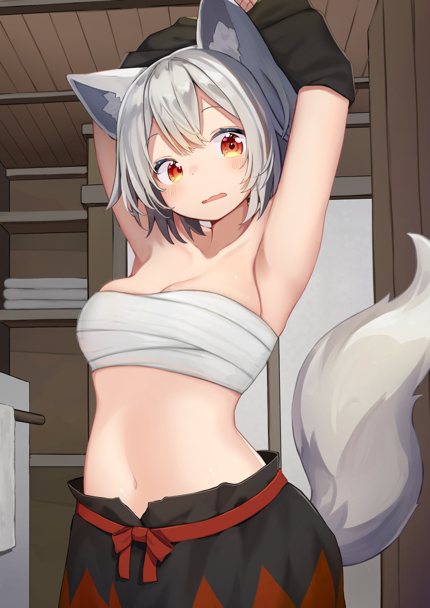 1girl, absurdres, animal_ears, armpits, arms_up, black_skirt, blush, breasts