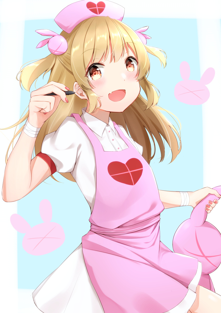 1girl, absurdres, apron, bandaged_wrist, blonde_hair, blue_background, border, brown_eyes